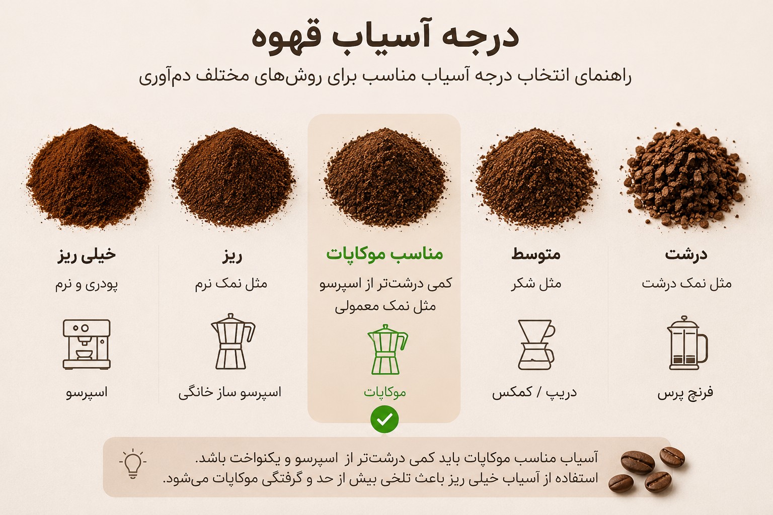 درجه آسیاب قهوه مناسب موکاپات در مقایسه با اسپرسو، دریپ و فرنچ پرس
